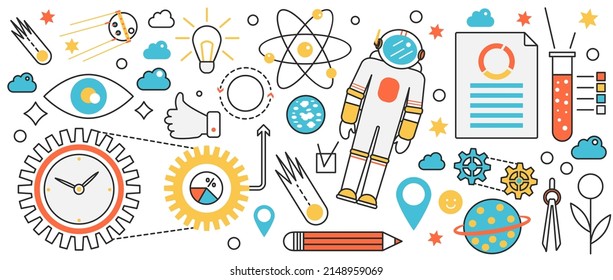 Space science exploration technology, astronomy. Flying astronaut in spacesuit, planet research on spaceship station, satellite and innovation in infographic concept banner, thin line art design