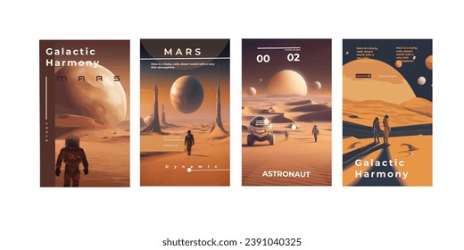 Space, science fiction, future. Vector retro illustrations of astronaut, galaxy, planet, moon, space objects for poster, background or cover