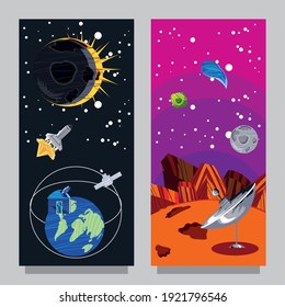 space science galaxy astronomy planet eclipse satellite rocket and antenna vector illustration