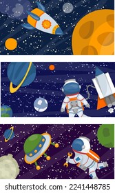 Space science, man in universe galaxy banner vector illustration. Rocket technology, star, astronomy card set.
