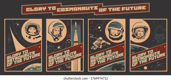 Space and Science Propaganda Poster Set, Old Soviet Placards Stylization, Astronauts and Spacecraft 