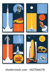 Space and Science Propaganda Posters Set, Space rockets, Satellite, Astronaut, Asteroid