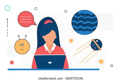 Space science research, astronomy vector illustration. Cartoon scientist woman working with laptop to explore universe, satellite planet isolated on white