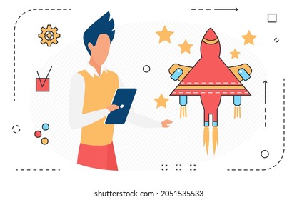 Space science research technology vector illustration. Cartoon scientist man and rocket spaceship, scientific mission isolated on white background