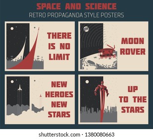 Space and Science Retro Propaganda Style Posters. Space Rockets, Moon Rover, Astronaut Monument