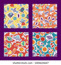 Space science seamless pattern. Planets,comets, moon, satellites, rockets, constellation and stars, telescope. Cartoon UFO spaceship stickers and patches vector illustration. Exploring moon.