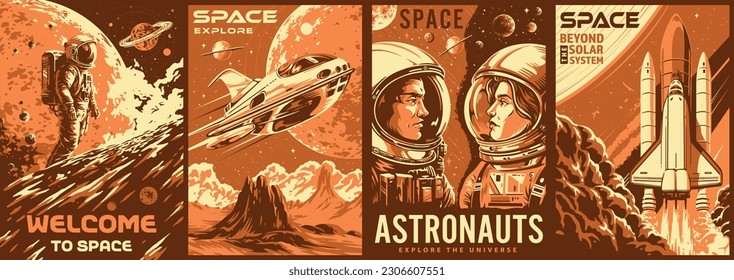 Space science set posters monochrome with heroic astronauts and research shuttles flying around universe in search extraterrestrial life vector illustration