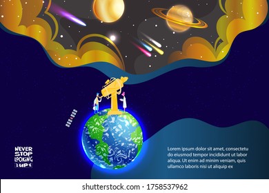 Space science vector illustration. Cartoon flat scientist astronomer characters studying space universe, planets or sputniks with telescope in observatory on Earth, lettering never stop looking up