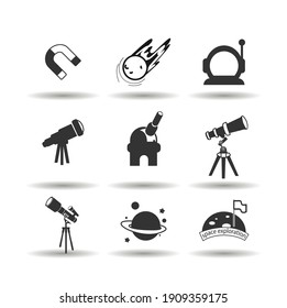 space and scienede icon set with telescope, satellite, planet, meteorite, astronaut helmet