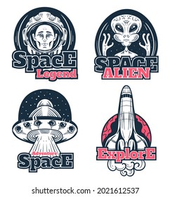 Space scientific explore astronaut alien rocket planet sticker badge isolated set. Vector flat cartoon graphic illustration