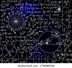 Space scientific vector seamless background with handwritten formulas, equations, figures over the starry sky