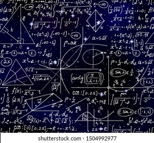 Space scientific vector seamless pattern with handwritten mathematical formulas, plots and calcuations