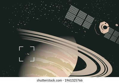 Space sci-fi background with and satellite near the planet Saturn, a view from space. Vector banner on the theme of extraterrestrial civilizations. Alien flying saucer and gas giant in dark sky