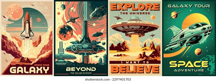 Space sci-fi set posters colorful with UFO and intergalactic ships or futuristic city on mars planet vector illustration