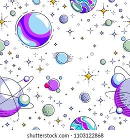 Space seamless background with planets, stars, asteroids and comets, undiscovered galaxy cosmic fantastic and interesting textile fabric for children, endless tiling pattern, vector illustration.