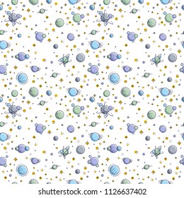 Space seamless background with planets, stars, asteroids and comets, undiscovered galaxy cosmic fantastic and interesting textile fabric for children, endless tiling pattern, vector illustration.