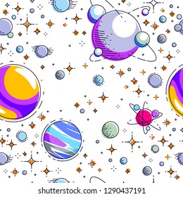 Space seamless background with planets, stars, asteroids and comets, undiscovered galaxy cosmic fantastic and interesting textile fabric for children, endless tiling pattern, vector illustration.