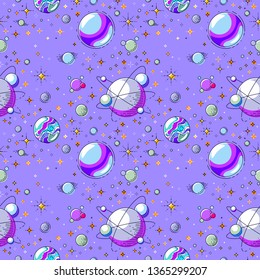 Space seamless background with planets, stars, asteroids and comets, undiscovered galaxy cosmic fantastic and interesting textile fabric for children, endless tiling pattern, vector illustration.