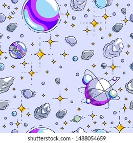 Space seamless background with planets, stars, asteroids and comets, undiscovered galaxy cosmic fantastic and interesting textile fabric for children, endless tiling pattern, vector illustration.