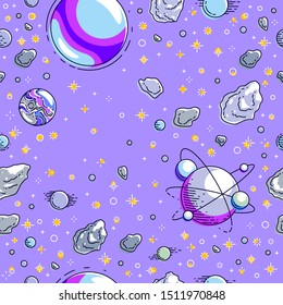 Space seamless background with planets, stars, asteroids and comets, undiscovered galaxy cosmic fantastic and interesting textile fabric for children, endless tiling pattern, vector illustration.