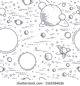 Space seamless background with planets, stars, asteroids and comets, undiscovered galaxy cosmic fantastic and interesting textile fabric for children, endless tiling pattern, vector illustration.