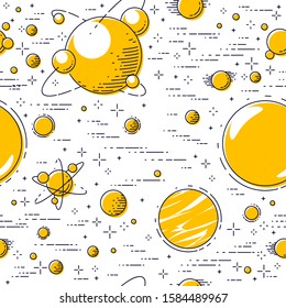 Space seamless background with planets, stars, asteroids and comets, undiscovered galaxy cosmic fantastic and interesting textile fabric for children, endless tiling pattern, vector illustration.