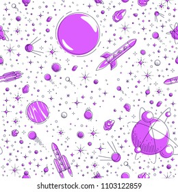 Space seamless background with rockets, planets and stars, undiscovered galaxy cosmic fantastic and interesting textile fabric for children, endless tiling pattern, vector illustration cartoon motif.