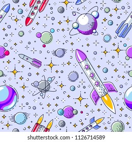 Space seamless background with rockets, planets and stars, undiscovered galaxy cosmic fantastic and interesting textile fabric for children, endless tiling pattern, vector illustration cartoon motif.