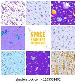Space seamless background with rockets, planets, asteroids, comets, meteors and stars, undiscovered galaxy fantastic textile fabric for children, endless tiling pattern, vector illustration cartoon.