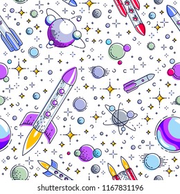 Space seamless background with rockets, planets and stars, undiscovered galaxy cosmic fantastic and interesting textile fabric for children, endless tiling pattern, vector illustration cartoon motif.