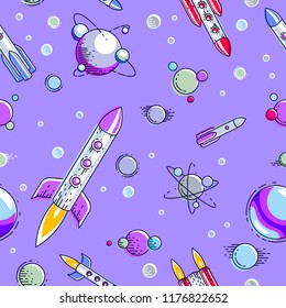 Space seamless background with rockets and planets, undiscovered galaxy cosmic fantastic and interesting textile fabric for children, endless tiling pattern, vector illustration cartoon motif.