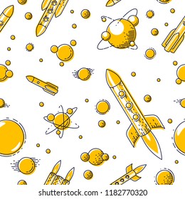Space seamless background with rockets and planets, undiscovered galaxy cosmic fantastic and interesting textile fabric for children, endless tiling pattern, vector illustration cartoon motif.