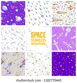 Space seamless background with rockets, planets, asteroids, comets, meteors and stars, undiscovered galaxy fantastic textile fabric for children, endless tiling pattern, vector illustration cartoon.