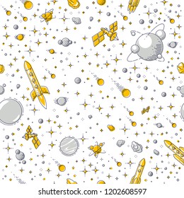 Space seamless background with rockets, planets and stars, undiscovered galaxy cosmic fantastic and interesting textile fabric for children, endless tiling pattern, vector illustration cartoon motif.