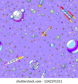 Space seamless background with rockets, planets and stars, undiscovered galaxy cosmic fantastic and interesting textile fabric for children, endless tiling pattern, vector illustration cartoon motif.