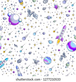 Space seamless background with rockets, planets and stars, undiscovered galaxy cosmic fantastic and interesting textile fabric for children, endless tiling pattern, vector illustration cartoon motif.