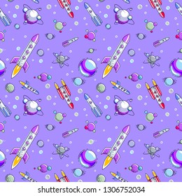 Space seamless background with rockets, planets and stars, undiscovered galaxy cosmic fantastic and interesting textile fabric for children, endless tiling pattern, vector illustration cartoon motif.