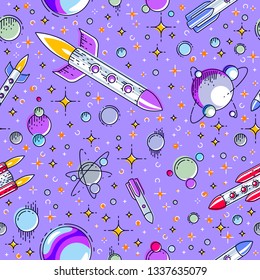Space seamless background with rockets, planets and stars, undiscovered galaxy cosmic fantastic and interesting textile fabric for children, endless tiling pattern, vector illustration cartoon motif.