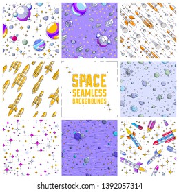 Space seamless background with rockets, planets, asteroids, comets, meteors and stars, undiscovered galaxy fantastic textile fabric for children, endless tiling pattern, vector illustration cartoon.
