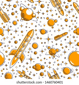 Space seamless background with rockets, planets and stars, undiscovered galaxy cosmic fantastic and interesting textile fabric for children, endless tiling pattern, vector illustration cartoon motif.
