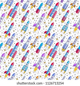 Space seamless background with rockets and stars, undiscovered galaxy cosmic fantastic and interesting textile fabric for children, endless tiling pattern, vector illustration cartoon motif.