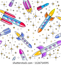 Space seamless background with rockets and stars, undiscovered galaxy cosmic fantastic and interesting textile fabric for children, endless tiling pattern, vector illustration cartoon motif.