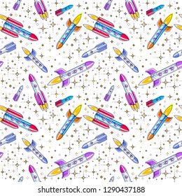 Space seamless background with rockets and stars, undiscovered galaxy cosmic fantastic and interesting textile fabric for children, endless tiling pattern, vector illustration cartoon motif.