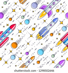 Space seamless background with rockets, stars and comets, undiscovered galaxy cosmic fantastic and interesting textile fabric for children, endless tiling pattern, vector illustration cartoon motif.