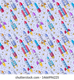 Space seamless background with rockets and stars, undiscovered galaxy cosmic fantastic and interesting textile fabric for children, endless tiling pattern, vector illustration cartoon motif.