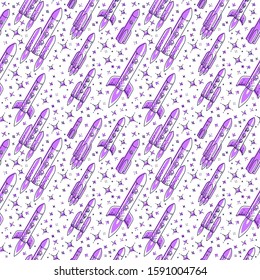Space seamless background with rockets and stars, undiscovered galaxy cosmic fantastic and interesting textile fabric for children, endless tiling pattern, vector illustration cartoon motif.