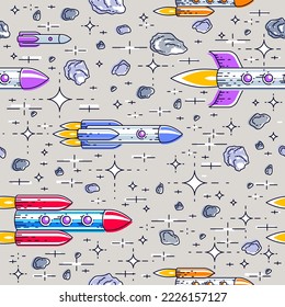 Space seamless background with rockets, stars and meteorites, undiscovered galaxy cosmic fantastic and interesting textile fabric for children