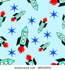 Space seamless background with rockets and stars vector