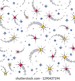 Space seamless background with stars, shooting stars, falling stars, undiscovered galaxy cosmic fantastic and interesting textile fabric for children, endless tiling pattern, vector illustration.