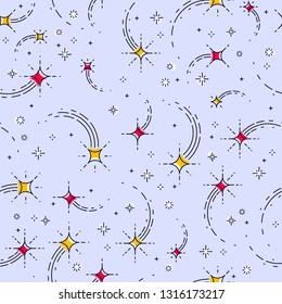 Space seamless background with stars, shooting stars, falling stars, undiscovered galaxy cosmic fantastic and interesting textile fabric for children, endless tiling pattern, vector illustration.